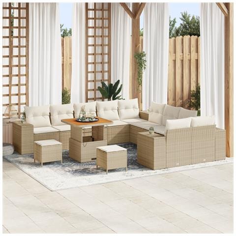 Set Divano da Giardino a 13 Pezzi con Cuscini Beige Polyrattan Acacia, Set da Pranzo da Giardino a 3 Pezzi con Cuscini Beige Polyrattan Acacia - Foto 2