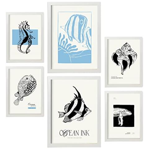 Set Di 6 Stampe Stampe Artistiche Con Motivi Marini A Inchiostro Nero Raffiguranti Mare E Oceano Per L'interior Design A3 & A4 Cornice Bianca - Foto 1