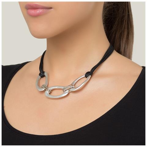 Girocollo Nero Placcato Argento Con 3 Maglie E Cordino Nero Da 40 Cm - Foto 2