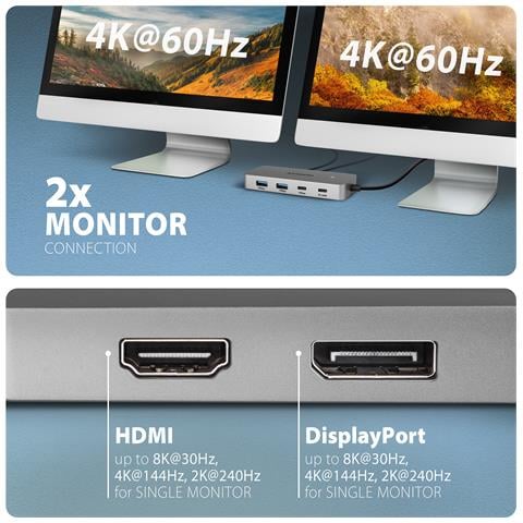 HUB USB HMC-CUB83X2, USB 10Gbps hub, 2x USB-A, USB-C, HDMI & DP 4k / 144Hz, RJ-45 GLAN, PD 100W, kabel USB-C 15cm Cablato USB 3.2 Gen 2 (3.1 Gen 2) Type-C Grigio - Foto 2