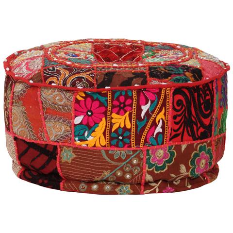Pouf Patchwork Rotondo Fatto A Mano In Cotone 40x20 Cm Rosso - Foto 2