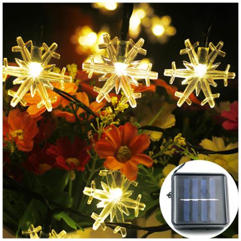 Catenaria 30 Luci Led Energia Solare Fiocco Neve Natale Bianco Naturale Esterno - Foto 1