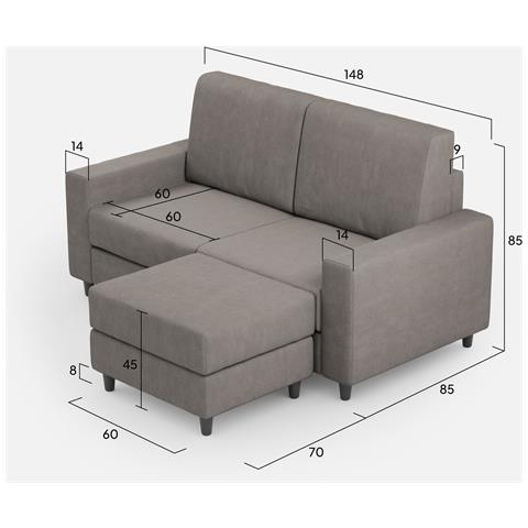 Divano Sakar 2 Posti Medio (due Sedute Da 70cm) + Pouf Misure Esterne L. 168 P. 145 Colore Grigio - Foto 2