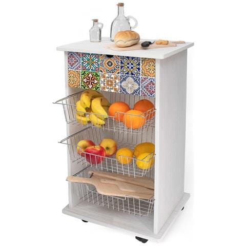 Lupia - Carrello Cucina Multifunzione Bianco White Tiles, Portafrutta Ruote Piroettanti, Piano Di Appoggio, Tre Cestelli Estraibili In Acciaio, Legno 40x45h85 Cm Montato - Foto 1