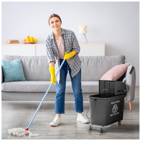 Carrello per Pulizie in Plastica PP da 20L con Secchio e Strizzatore, 60x27x70.5 cm, Nero - Foto 2