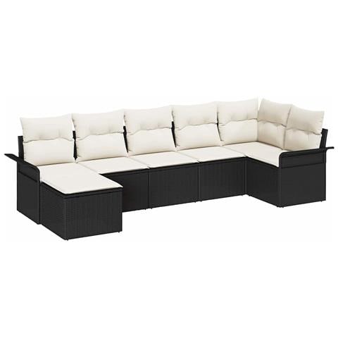 Set di Divani da Giardino 7 Pezzi con Cuscini Nero Rattan Poli,  Divano da Giardino per 2 persone con Ripostiglio& Cuscini Nero Rattan Poli - Foto 1