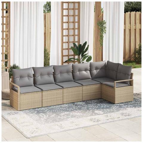 Set di Sofà da Giardino  a 6 Pezzi con Cuscini Beige in Polyrattan, Sofà da Giardino  a 2 Posti con Cuscini Beige in Polyrattan - Foto 2