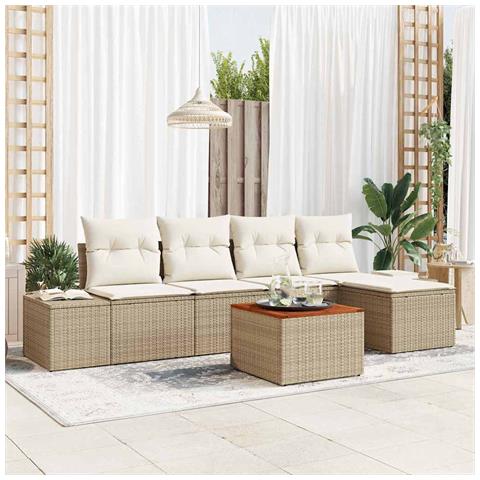 Set Divano da Giardino 6 Pezzi con Cuscini Beige Rattan Sintetico Acacia - Foto 2