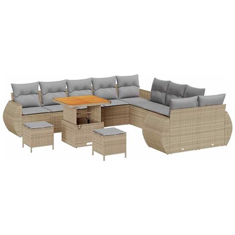 Set Divano da Giardino a 13 Pezzi con Cuscini Beige Rattan Poly Acacia, Set da Pranzo da Giardino a 3 Pezzi con Cuscini Beige Rattan Poly Acacia - Foto 1