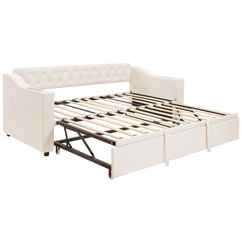 Letto Imbottito 90/180x190 Cm, Braccioli Con Porta Di Ricarica Usb E Contenitore Integrato, Divano Letto Con Tasche Portaoggetti E Rete A Doghe, Tessuto Velluto, Beige - Foto 2