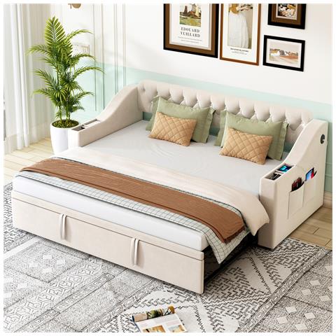 Letto Imbottito 90/180x190 Cm, Braccioli Con Porta Di Ricarica Usb E Contenitore Integrato, Divano Letto Con Tasche Portaoggetti E Rete A Doghe, Tessuto Velluto, Beige - Foto 1
