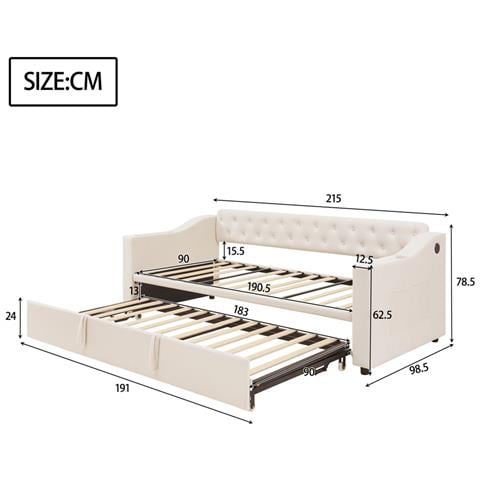 Letto Imbottito 90/180x190 Cm, Braccioli Con Porta Di Ricarica Usb E Contenitore Integrato, Divano Letto Con Tasche Portaoggetti E Rete A Doghe, Tessuto Velluto, Beige - Foto 4