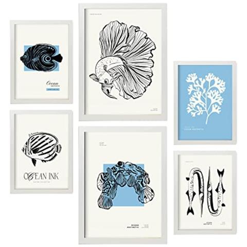 Set Di 6 Stampe Stampe Artistiche Di Pesci E Oceani In Inchiostro Nero Per L'interior Design A3 & A4 Cornice Bianca - Foto 1