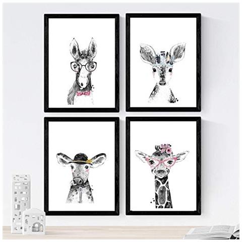 Set Di 4 Stampe Di Animali Per Bambini Con Occhiali E Piume, Poster Di Carta 250 Gr.. Senza Cornice A4 - Foto 1