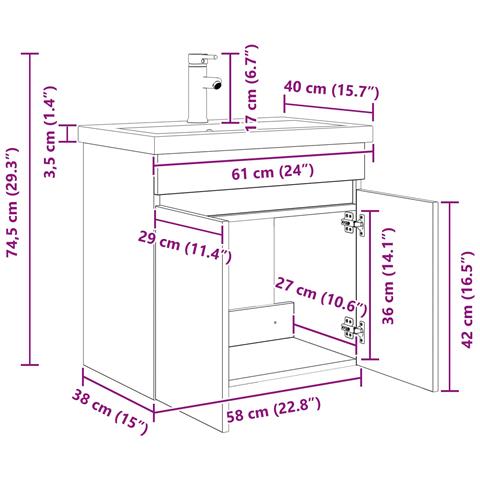 Mobile bagno con rubinetto Grigio Cemento 61 x 40 x 74,5 cm - Foto 9