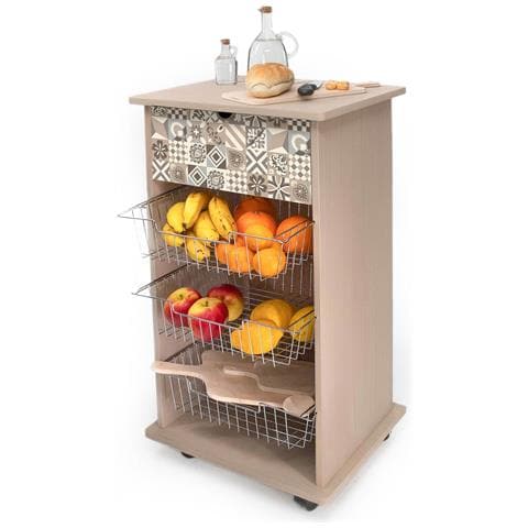 Lupia - Carrello Cucina Multifunzione Vintage Tiles Vintage, Portafrutta Ruote Piroettanti, Piano Di Appoggio, Tre Cestelli Estraibili In Acciaio, Legno 40x45h85 Cm Montato - Foto 1