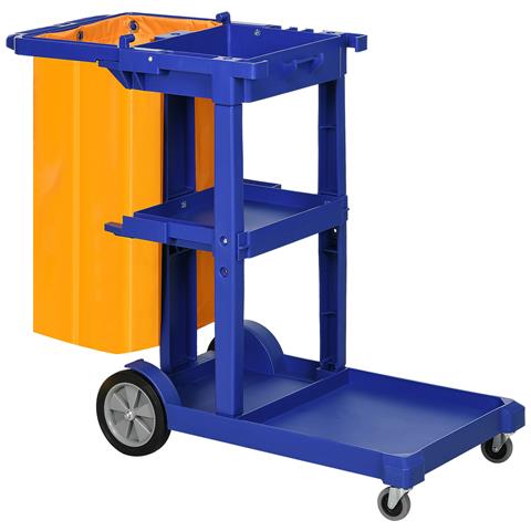Carrello Pulizie a 3 Ripiani con Ganci e Sacco da 100L, 121x50.5x96.5 cm, Blu Giallo e Grigio - Foto 1