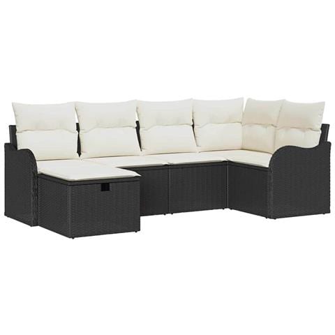 Set di divani da giardino 6 pezzi con cuscini Rattan nero, Divano da giardino 2 posti con cuscini Rattan nero - Foto 1