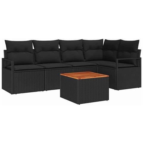Set di Sofà da Giardino  a 6 Pezzi con Cuscini Nero Polyrattan Acacia, Sofà da Giardino a 2 Posti  con Cuscini Nero Polyrattan - Foto 1