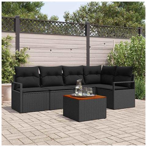 Set di Sofà da Giardino  a 6 Pezzi con Cuscini Nero Polyrattan Acacia, Sofà da Giardino a 2 Posti  con Cuscini Nero Polyrattan - Foto 2