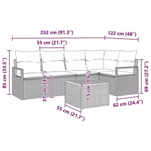 Set di Sofà da Giardino  a 6 Pezzi con Cuscini Nero Polyrattan Acacia, Sofà da Giardino a 2 Posti  con Cuscini Nero Polyrattan - Foto 9