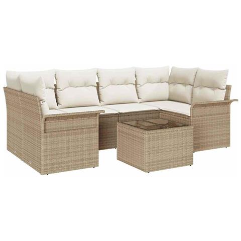 Set divano da giardino in 7 pezzi con cuscini beige polyrattan - Foto 1