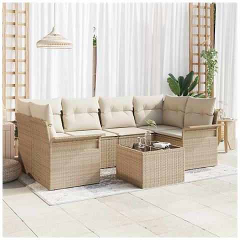 Set divano da giardino in 7 pezzi con cuscini beige polyrattan - Foto 2