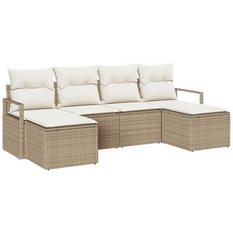 Set di divano da giardino 6 pezzi con cuscini Beige Rattan Poliestere, Divano da giardino 2 posti con cuscini Beige Rattan Poliestere - Foto 1