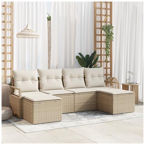 Set di divano da giardino 6 pezzi con cuscini Beige Rattan Poliestere, Divano da giardino 2 posti con cuscini Beige Rattan Poliestere - Foto 2