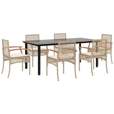 Set da Pranzo da Giardino 7 pz con Cuscini Beige in Polyrattan - Foto 1