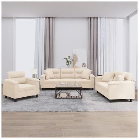 Set Divani 3 pz con Cuscini Beige in Tessuto Microfibra - Foto 2