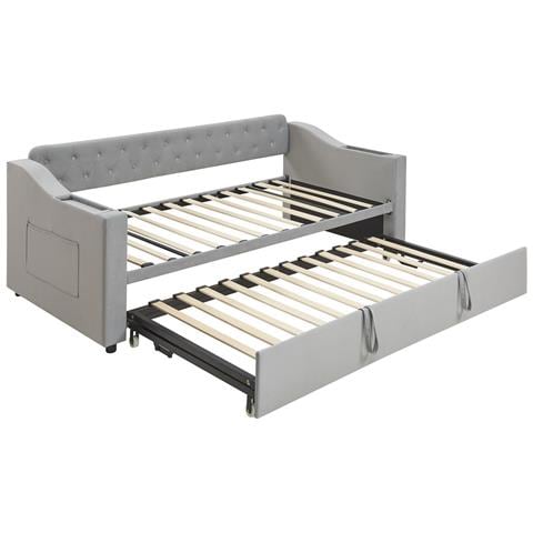 Letto Imbottito 90/180x190 Cm, Braccioli Con Porta Di Ricarica Usb E Contenitore Integrato, Divano Letto Con Tasche Portaoggetti E Rete A Doghe, Tessuto Velluto, Grigio - Foto 2