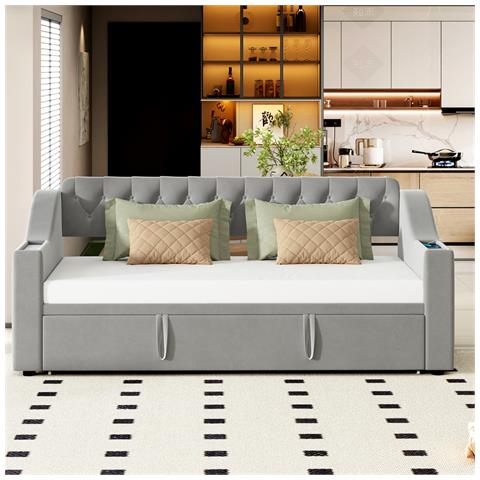 Letto Imbottito 90/180x190 Cm, Braccioli Con Porta Di Ricarica Usb E Contenitore Integrato, Divano Letto Con Tasche Portaoggetti E Rete A Doghe, Tessuto Velluto, Grigio - Foto 4