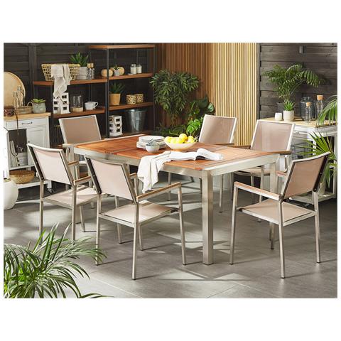 Set Da Giardino Tavolo In Eucalipto E 6 Sedie In Fibra Tessile Beige Grosseto - Foto 14