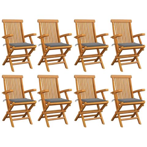 Sedie da Giardino con Cuscini Grigi 8 pz in Massello di Teak - Foto 1