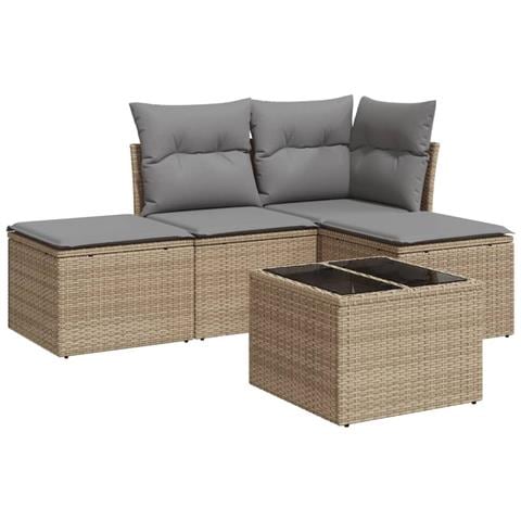 Set Divano Da Giardino 5 Pz Con Cuscini Beige In Polyrattan - Foto 1