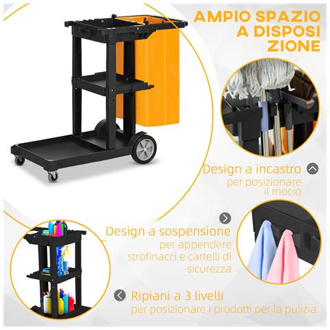 Carrello Pulizie a 3 Ripiani con Ganci e Sacco da 100L, 121x50.5x96.5 cm, Nero Giallo e Grigio - Foto 6