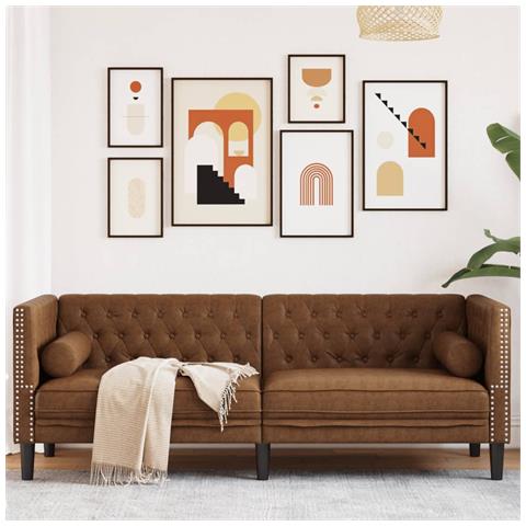 Divano Chesterfield con Cuscini 3 Posti Marrone in Scamosciato - Foto 2