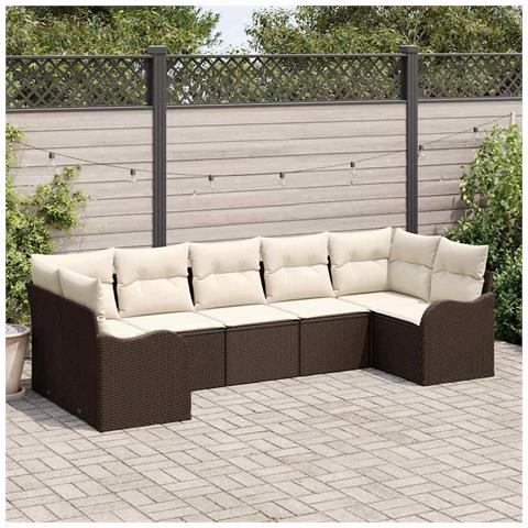 Set da Giardino con 7 Pezzi e Cuscini Marrone Polyrattan, Divano da Giardino a 2 Posti con Cuscini Marrone Polyrattan - Foto 2