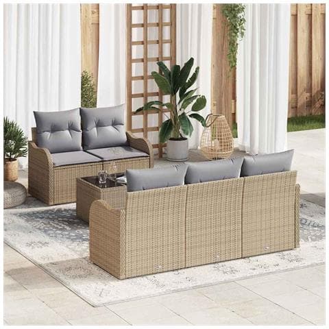 Set Divano da Giardino 6 Pezzi con Cuscini Beige Rattan Sintetico, Divano da Giardino 2 Posti con Ripostiglio e Cuscini Beige in Rattan Sintetico - Foto 2