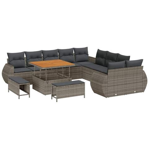 Set divano da giardino a 13 pezzi con cuscini grigio polyrattan acacia,  Set da pranzo da giardino a 3 pezzi con cuscini grigio polyrattan acacia - Foto 1