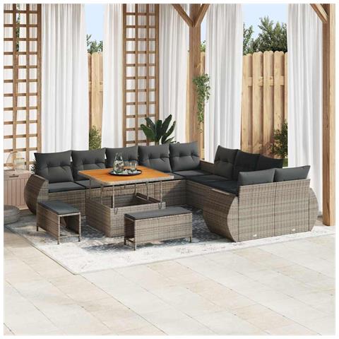 Set divano da giardino a 13 pezzi con cuscini grigio polyrattan acacia,  Set da pranzo da giardino a 3 pezzi con cuscini grigio polyrattan acacia - Foto 2