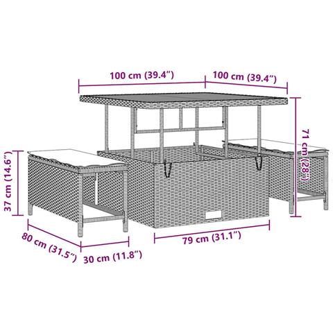 Set divano da giardino a 13 pezzi con cuscini grigio polyrattan acacia,  Set da pranzo da giardino a 3 pezzi con cuscini grigio polyrattan acacia - Foto 9