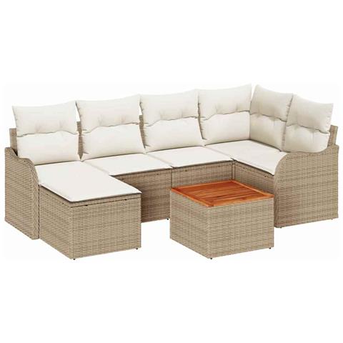 Set Divano da Giardino in 7 Pezzi con Cuscini Beige Polyrattan Acacia, Divano da Giardino 2 Posti con Cuscini Beige Polyrattan - Foto 1