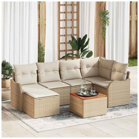 Set Divano da Giardino in 7 Pezzi con Cuscini Beige Polyrattan Acacia, Divano da Giardino 2 Posti con Cuscini Beige Polyrattan - Foto 2