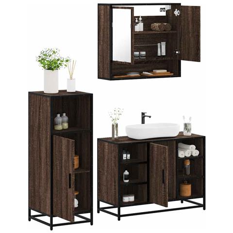 Set Mobili da Bagno 3 pz Rovere Marrone in Legno Multistrato - Foto 2