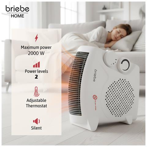 Briebe Ht1181 Termoventilatore, Stufetta Elettrica Da Bagno Con Termostato, Ventilatore 2000w Bianco - Foto 2