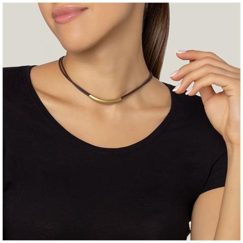 Collana Girocollo In Pelle Marrone Con Tubo Dorato, 40 Cm - Foto 3