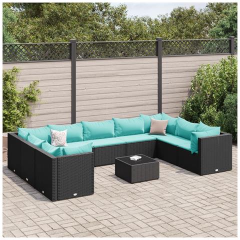 Set Salotto da Giardino 10pz con Cuscini in Polyrattan Nero - Foto 2