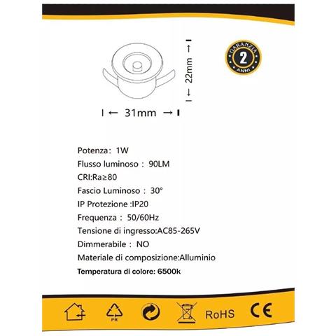 Kit 10 Faretti A Incasso Faretto 1 W Led Luce Bianca 6500 Bordo Bianco P31 - Foto 4